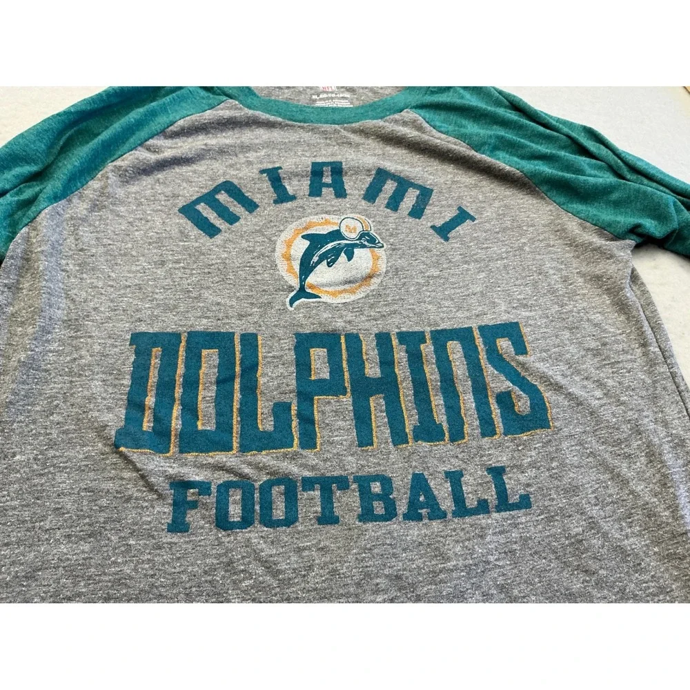 NFL Miami Dolphins Raglan Long Sleeve Shirt Graphic Tee Youth XL Gray Aqua